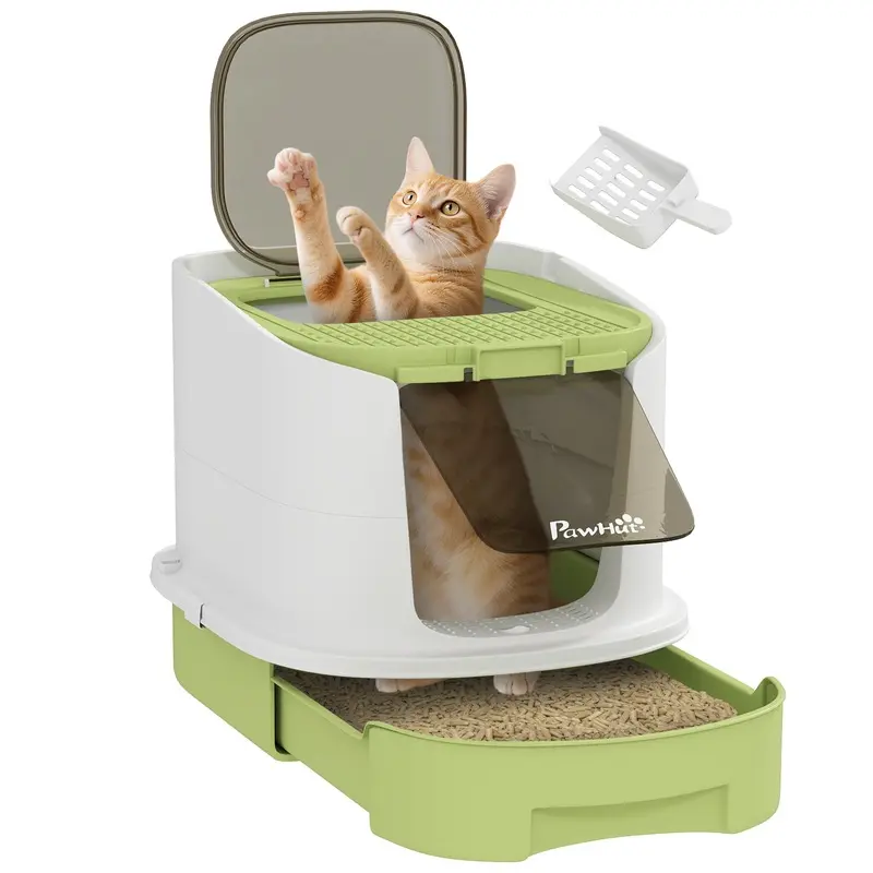 PawHut Cat Litter Box - Hooded Cat Litter Tray with Lid - Scoop - Green  | TJ Hughes