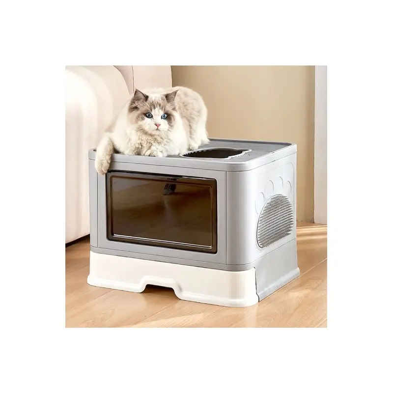 Living And Home Unisex Grey Enclosed Folding Plastic Cat Litter Box With Scoop