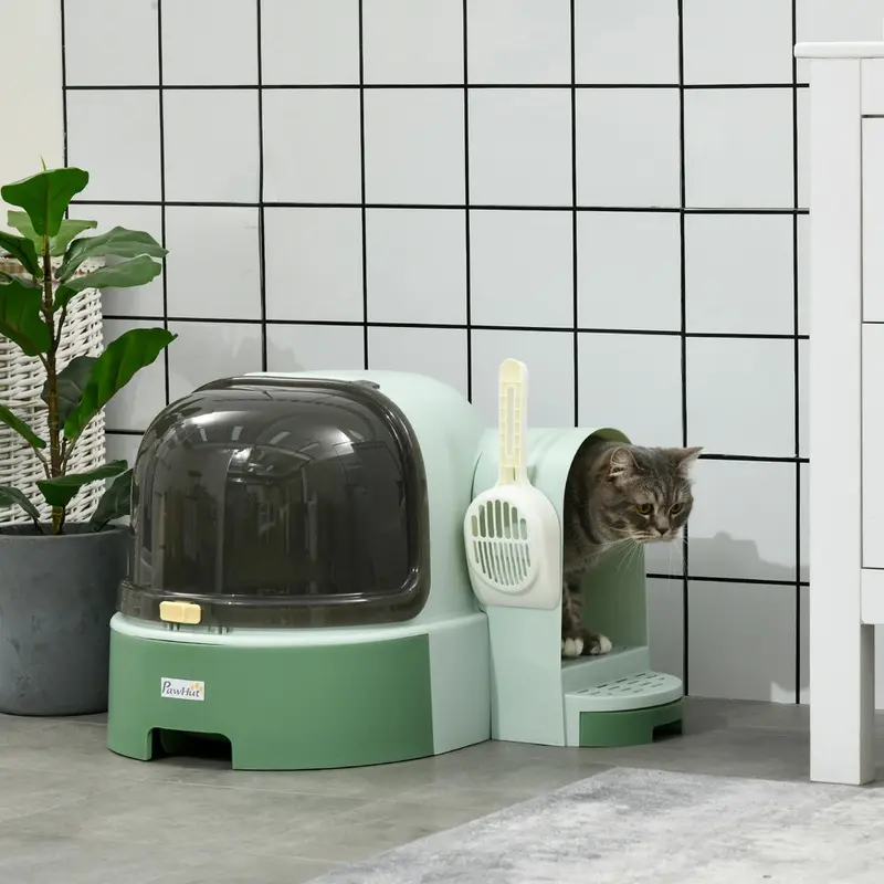 Pawhut Cat Litter Tray With Drawer Pans Scoop 2 In 1 Green
