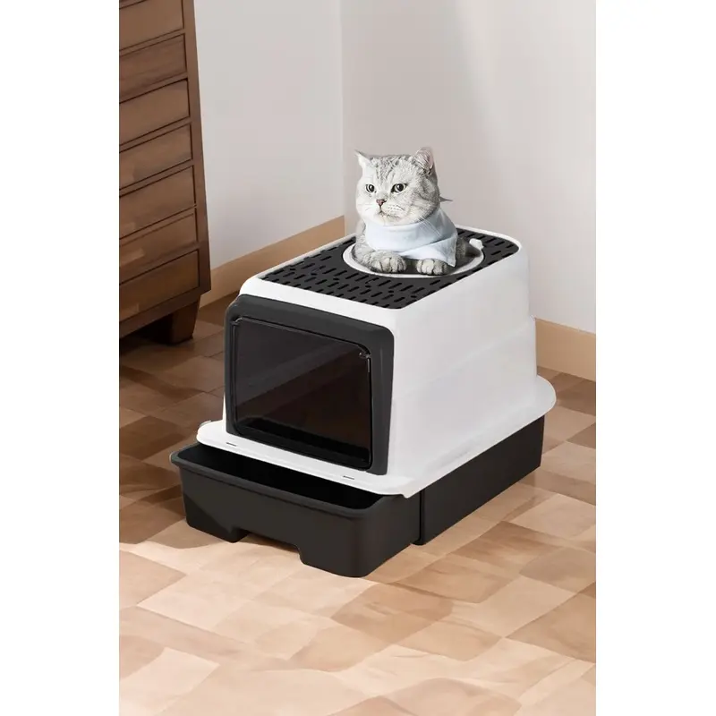 Living And Home Unisex Black Large Hooded Top Entry Cat Litter Box With Scoop
