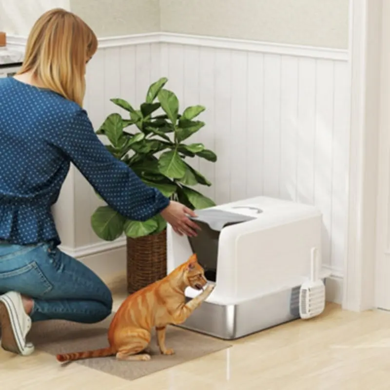 Pawhut White Stainless Steel Cat Litter Box With Removable Lid, Scoop, 6Kg
