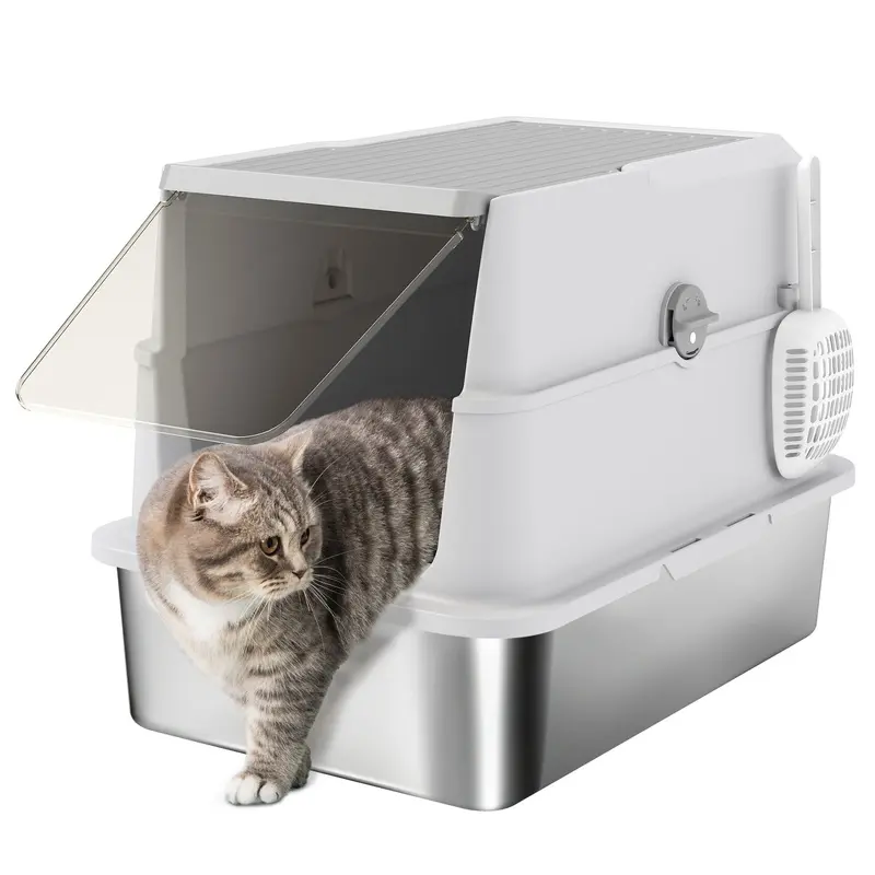 PawHut Extra Large Stainless Steel Cat Litter Tray with Scoop - Flip Top  | TJ Hughes