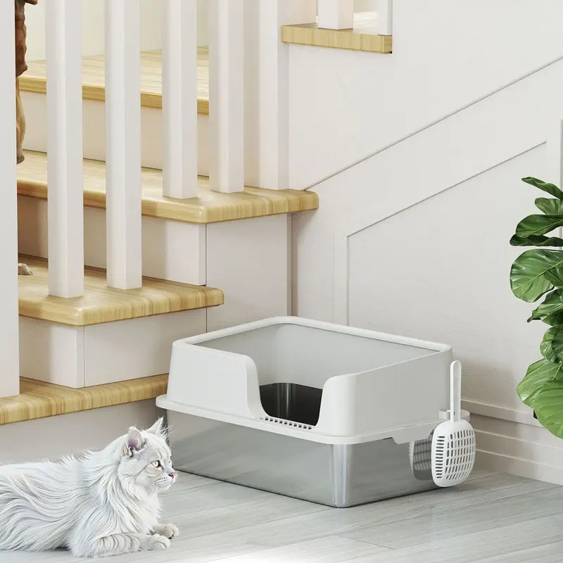 Pawhut Stainless Steel Litter Box High Sided Metal Cat Litter Tray With Scoop