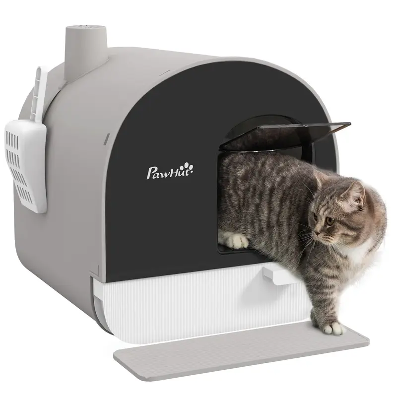 PawHut Cat Litter Box Kitten Litter Tray w/ Lid - Scoop - Filter - Flap Door - Grey  | TJ Hughes