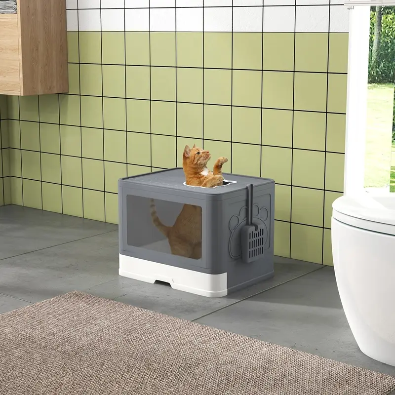 Pawhut Enclosed Cat Litter Tray With Lid Front Entry Top Exit Grey