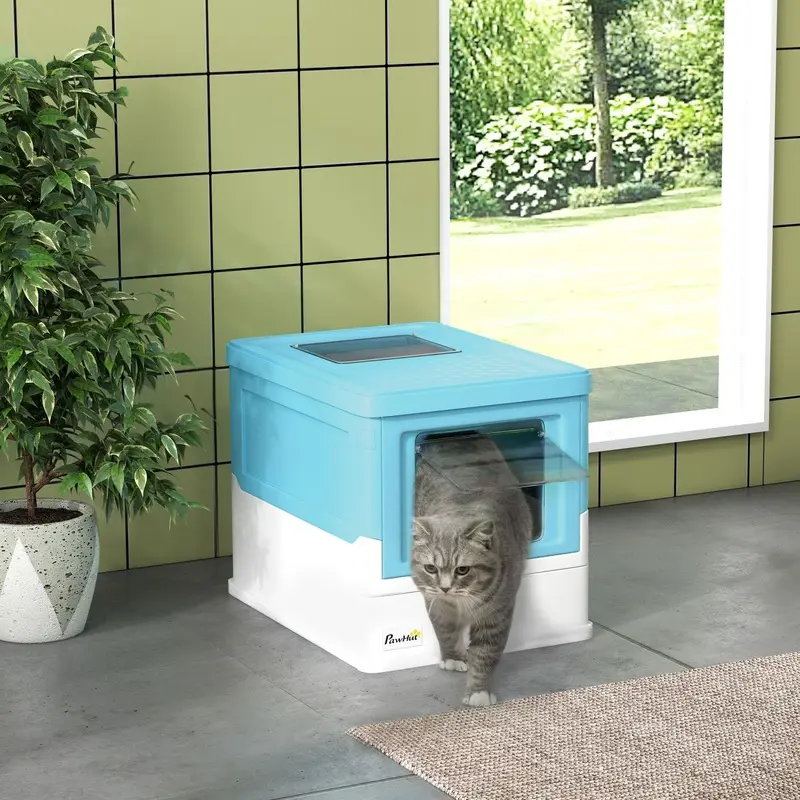 Pawhut Unisex Light Blue Hooded Cat Litter Box, Pet Toilet W/ Scoop, Tray