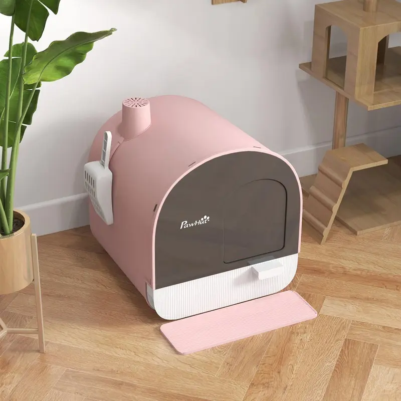 Pawhut Cat Litter Box Kitten Litter Tray W/ Lid Scoop Filter Flap Door Pink
