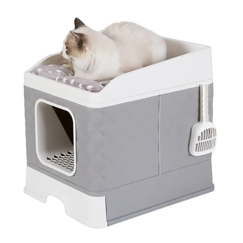 Bingopaw Grey/White Cat Litter Box Furniture Top Front-Entry Litter Box With Mat