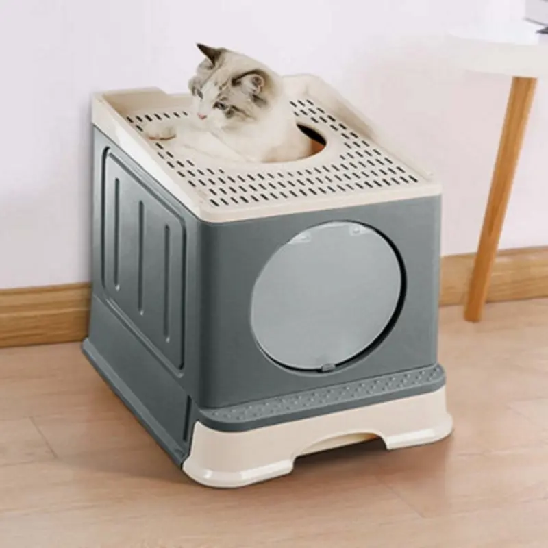 Thehotsale Full Enclosed Foldable Cat Litter Box With Scoop Grey