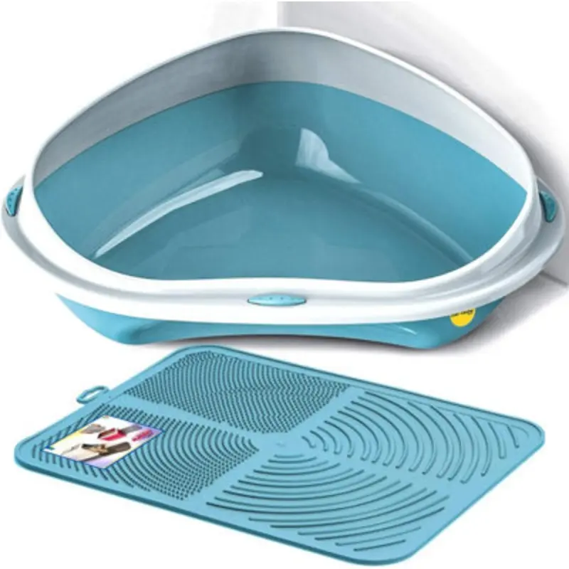 Cat Centre.direct Blue Cat Centre Corner Litter Tray With Nonslip Mat In Large