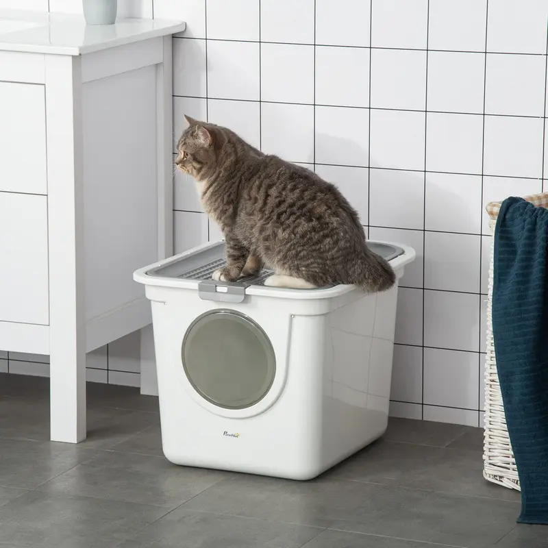 Pawhut Cat Litter Box With Front Entrance Top Exit Scoop White