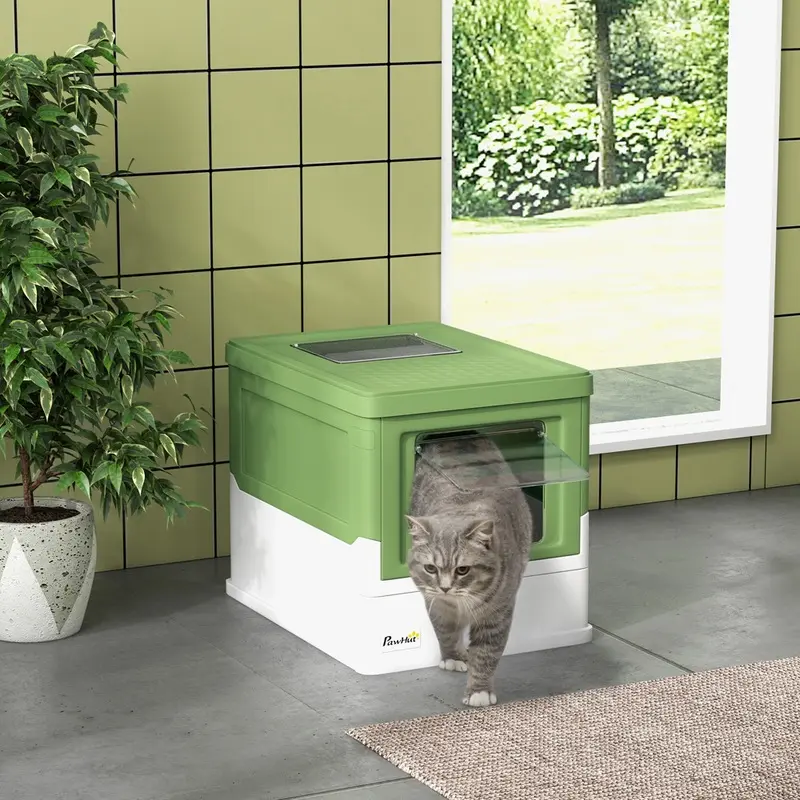 Pawhut Hooded Cat Litter Box With Scoop Tray Light/Green