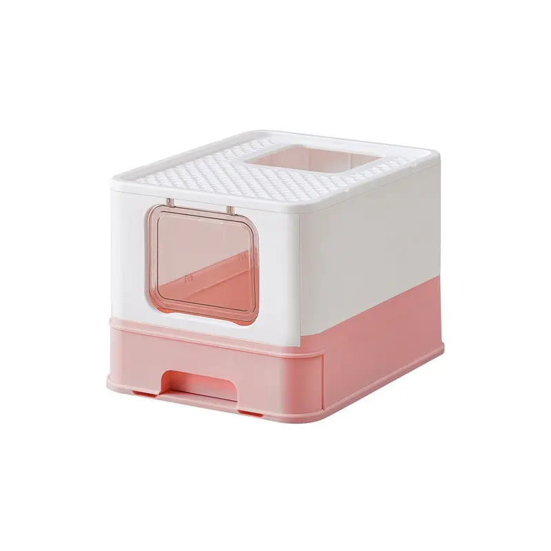 Anti-Leaking Hidden Cat Litter Box with Hood and Slide-Out Tray, White + Jelly Pink