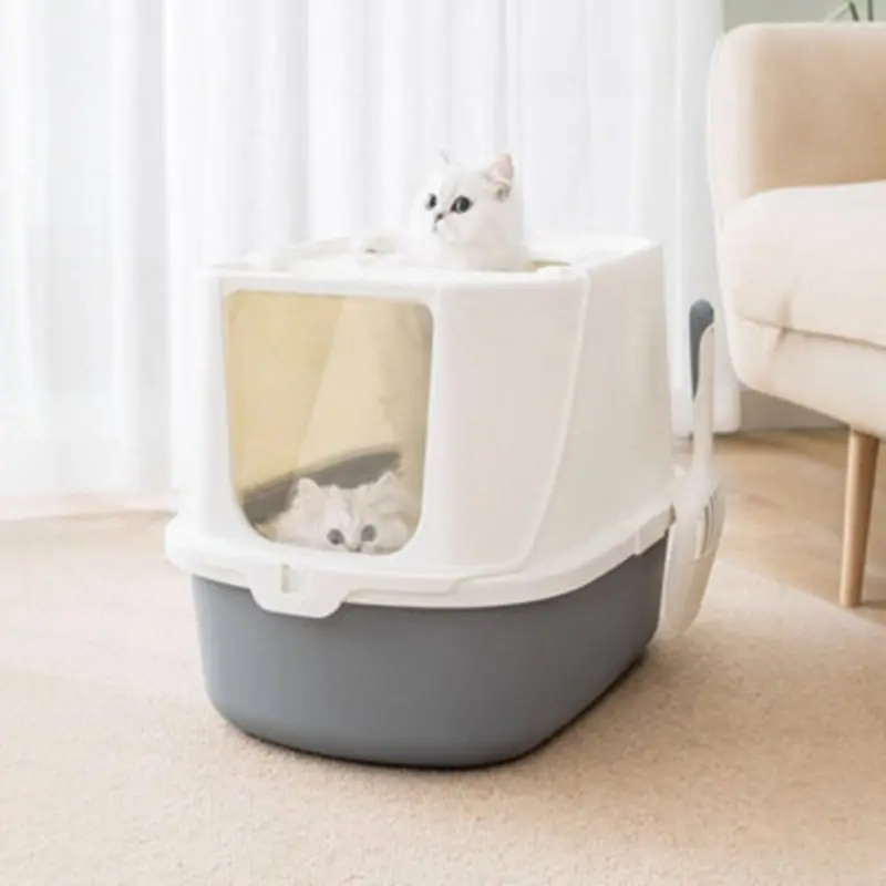Living And Home Cat Litter Box Lidded Kitten Litter Tray Pet Loo With Scoop, Grey