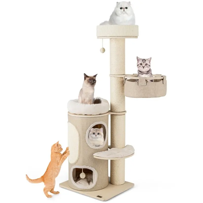 Costway 154 Cm Indoor Cat Tree Tall Multi-Level Cat Tower W/ 2-Stoery Condo
