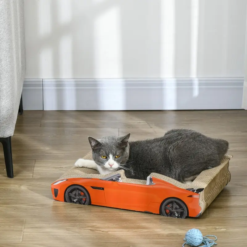 Pawhut 2 In 1 Cat Scratching Board With Catnip Car-Shaped Cat Scratch Bed Red