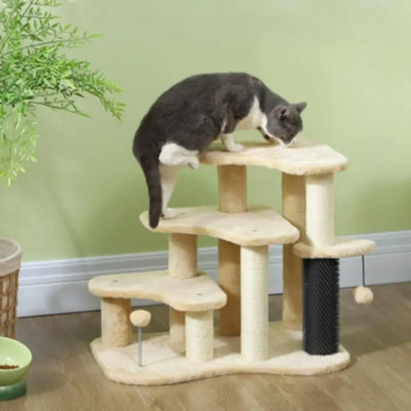 Pawhut Dog Cat Stairs Pet Steps For Bed Sofa With Scratching Post Beige