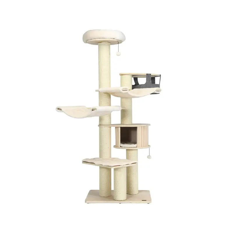 Costway Cream White 197 Cm Multi-Level Cat Tree Cat Tower For Play And Rest
