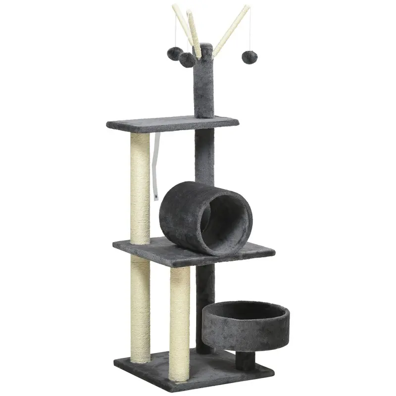PawHut 121cm Cat Tree Tower w/Sisal Scratching Posts Bed Tunnel Perch Grey  | TJ Hughes
