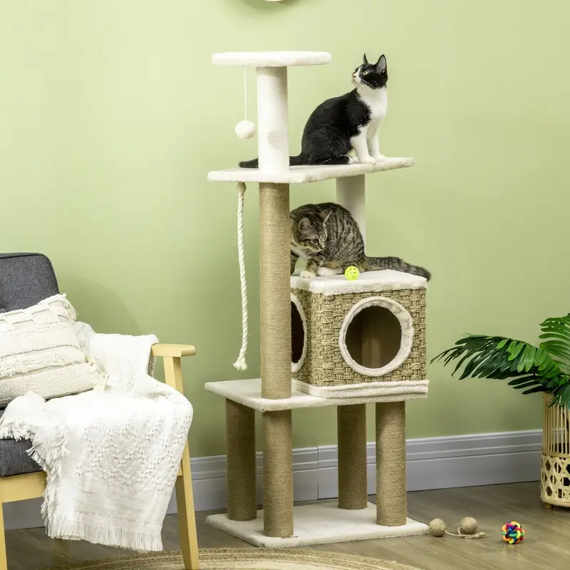 Pawhut Cat Tree With Scratching Post Hanging Toy Ball Beige