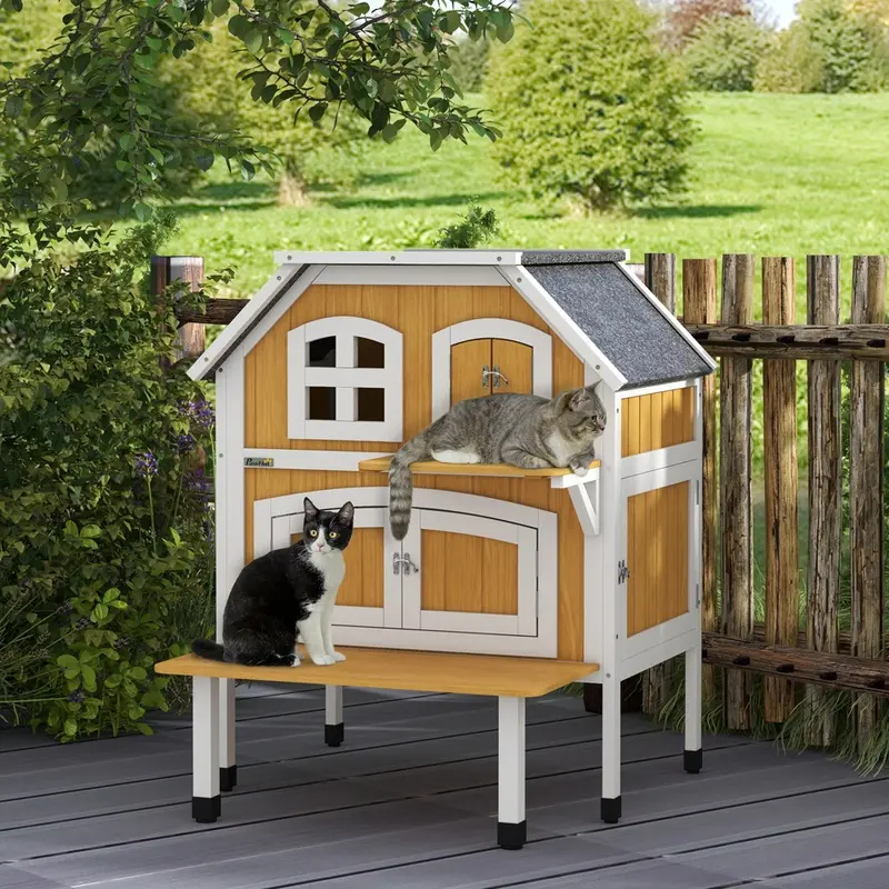 Pawhut Outdoor Cat House Cat Shelter W/ Openable Asphalt Roof Escape Doors Yellow