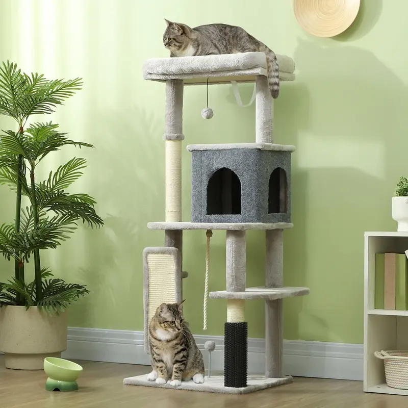 Pawhut 132Cm Cat Tree For Indoor Cats W/ Scratching Posts Light/Grey