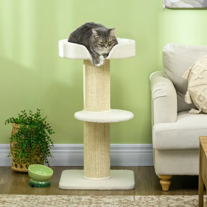 Pawhut 2 Tier Cat Resting Tree W/ Top Basket Cushion Sisal Post Cream White