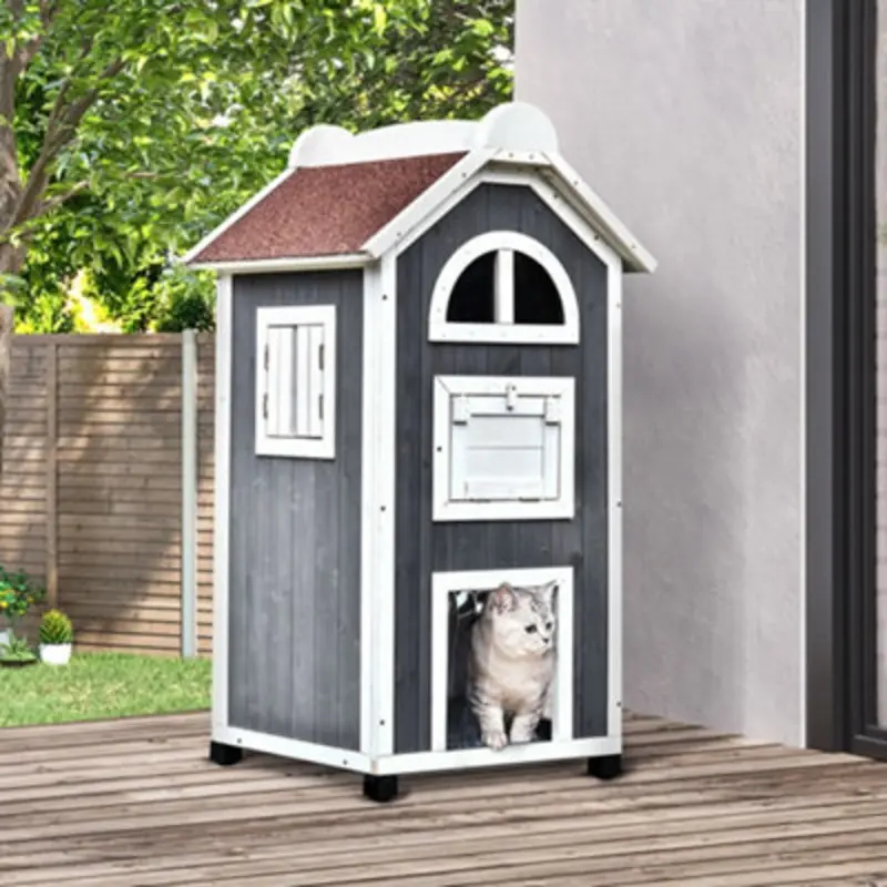 Pawhut Wooden Cat House Condos Cat Cave Floor Pet Shelter Outdoor Furniture Size 2