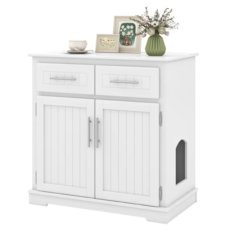 Costway White Cat Enclosure Washroom Side Cabinet Wooden Pet House With 2 Drawers