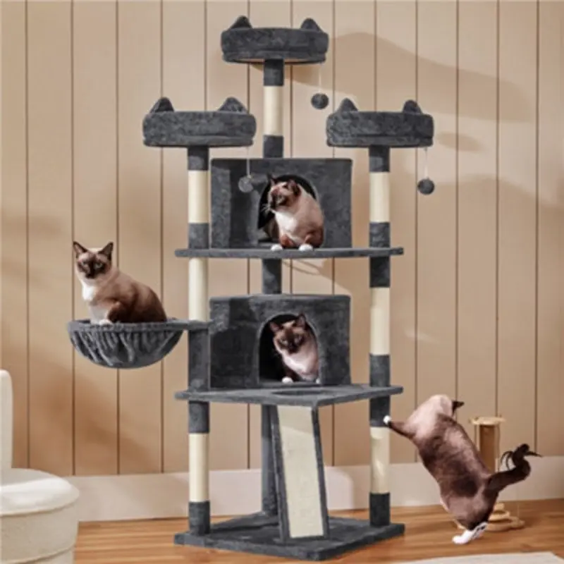 Yaheetech Dark/Grey 175Cm Cat Tower With Caves Condos Platforms Large