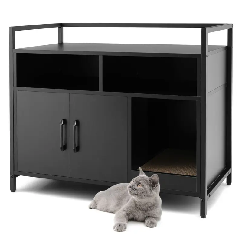 Costway Black Cat Litter Box Enclosure Hidden Cat Washroom With Double Doors