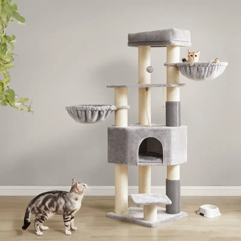 Heavy-Duty Cat Tower with 9 Scratching Posts, Dove Grey + Cream
