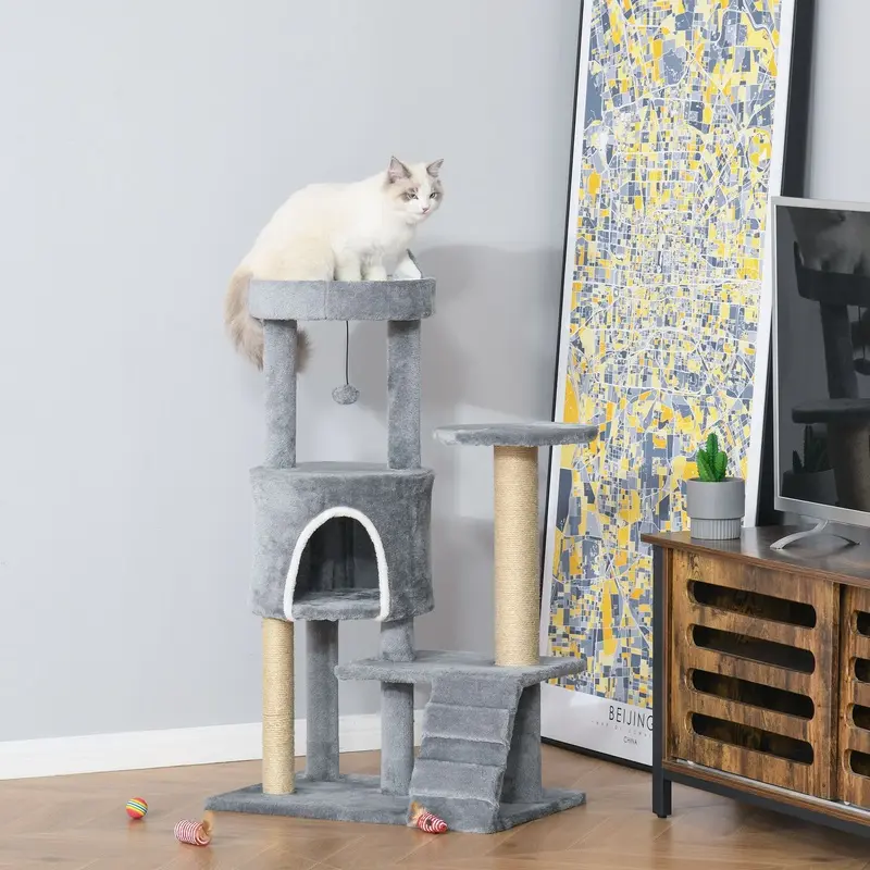 Pawhut Unisex Grey 100Cm Cat Tree Condon With Climbing Ladder Scratching Post Ball