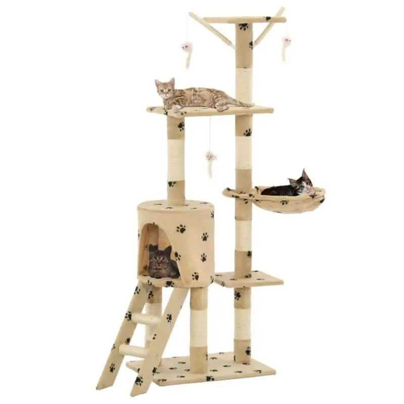 Vidaxl Beige Cat Tree With Sisal Scratching Posts Paw Prints Play Tower 138Cm