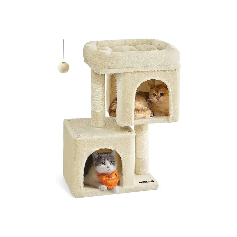 Cat Tree with 2 Cat Caves, Beige / 40 x 30 x 67 cm