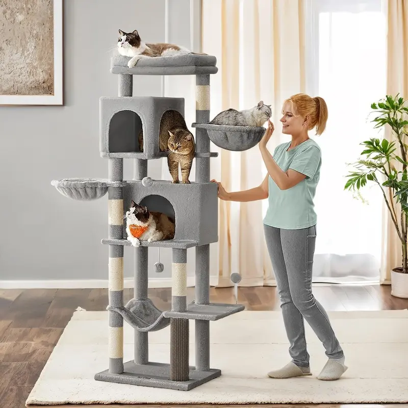 Large Cat Tree, Cat Tower, Multi-Level Cat Condo with 2 Caves, Dove Grey