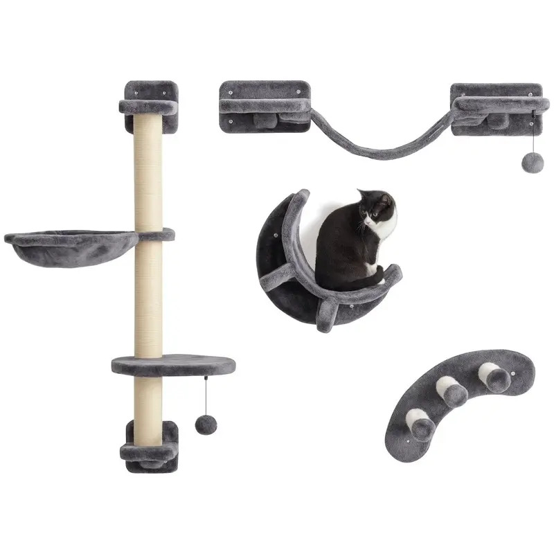 PawHut 4-Piece Cat Wall Furniture w/ Hammock - Ladder - Platforms - Dark Grey  | TJ Hughes