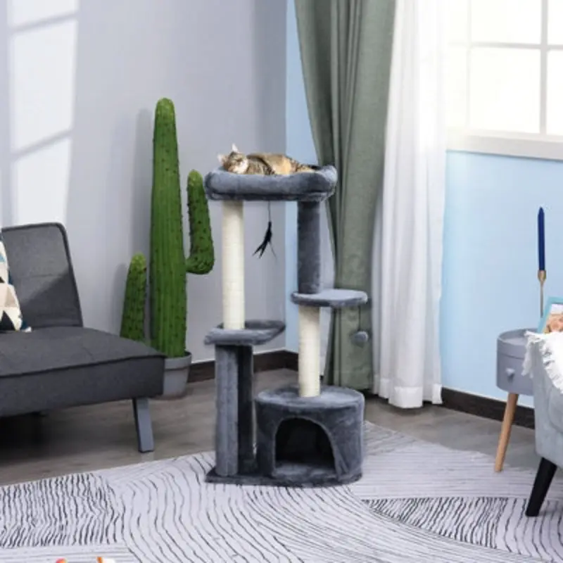 Pawhut Grey Cat Tower Condo With House Sisal Scratching Post Perches 100Cm