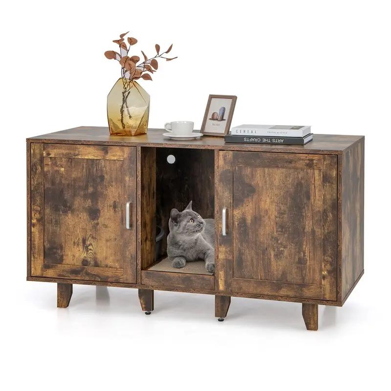 Costway Rustic Brown Cat Litter Box Enclosure With Scratching Board
