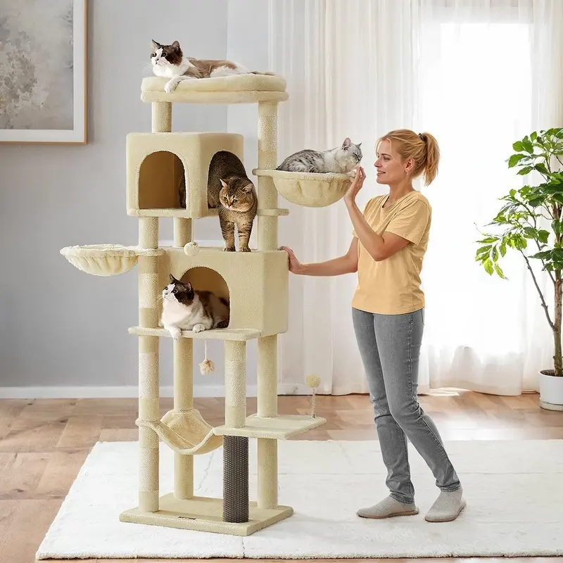 Large Cat Tree, Cat Tower, Multi-Level Cat Condo with 2 Caves, Sand Beige