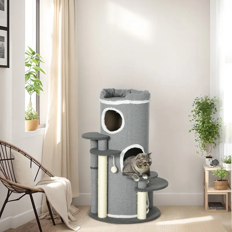 Pawhut Barrel Shaped Cat Tree For Indoor Cats With Sisal Scratching Posts Grey