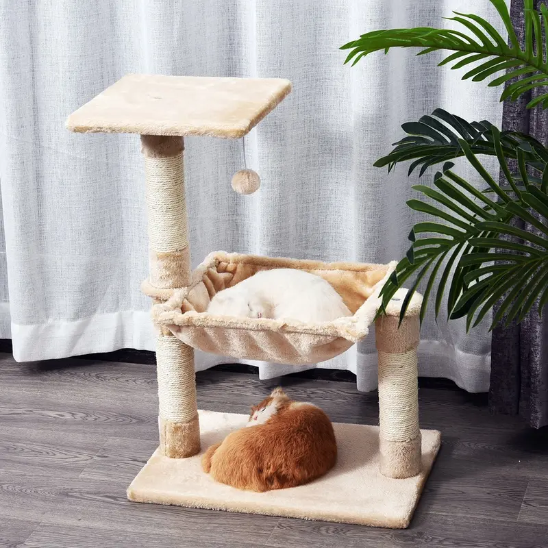 Pawhut Cat Activity Tree Kitten Play Tower Palace Two-Tier Scratching Beige