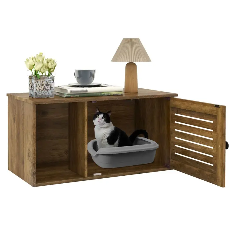 Costway Cat Litter Box Enclosure Wooden Pet Side Table With Winding Entry