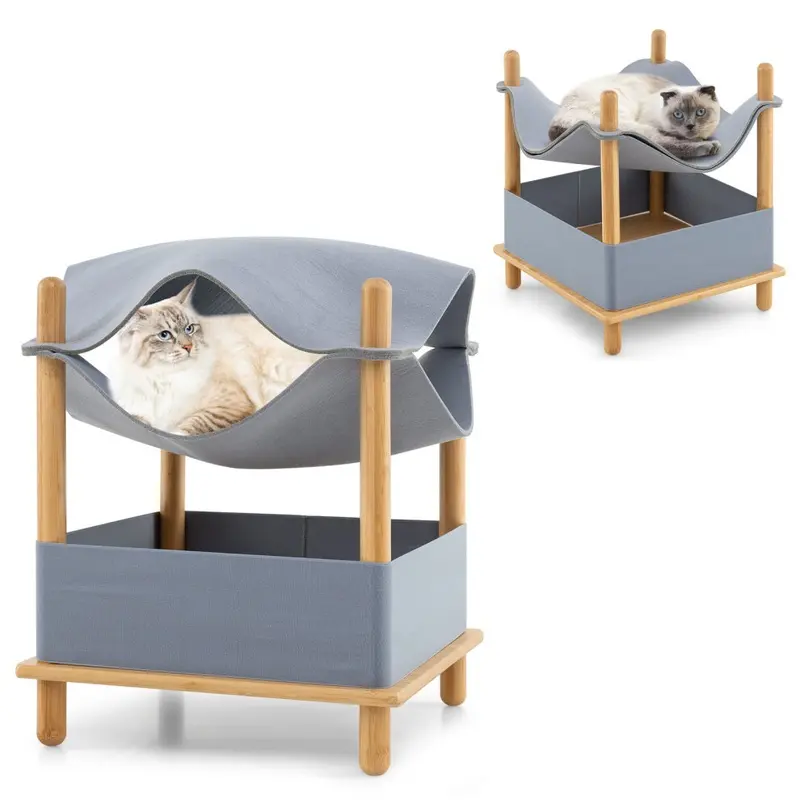 Costway Grey 2-Tier Wooden Cat House Modern Cat Tree With Semi-Enclosed Condo Size 2