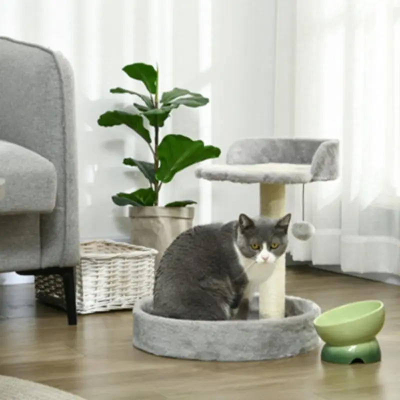 Pawhut 44Cm Cat Tree Tower With Scratch Post, Platforms, Ball, Light/Grey
