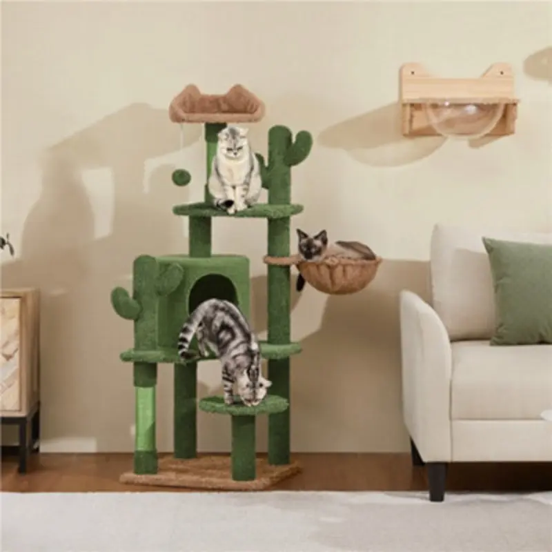Yaheetech Green/Brown Cactus Cat Tower With Padded Perch, Platform, Condo 135Cm