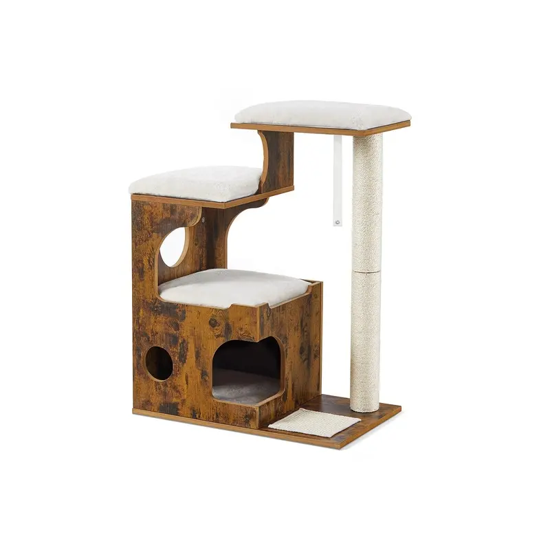 3 Beds Cat Tree, Rustic Brown + White