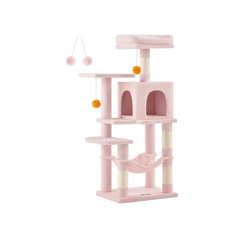 Cat Condo with Hammock & Pompoms, Jelly Pink / M (45 x 35 x 112 cm)