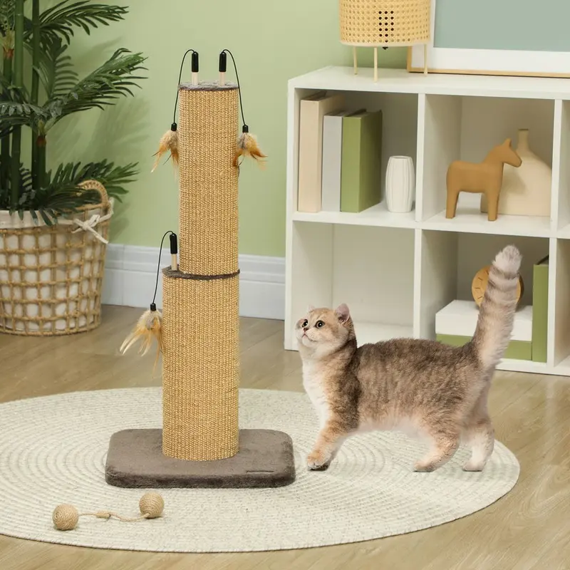 Pawhut 78Cm Tall Cat Scratching Post With 3 Toy Feathers Brown