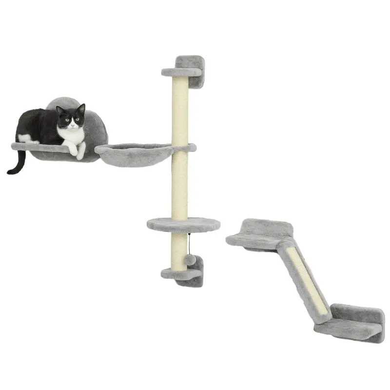 PawHut Cat Wall Furniture with Hammock, Platforms, Ladder, Scratching Post - Grey